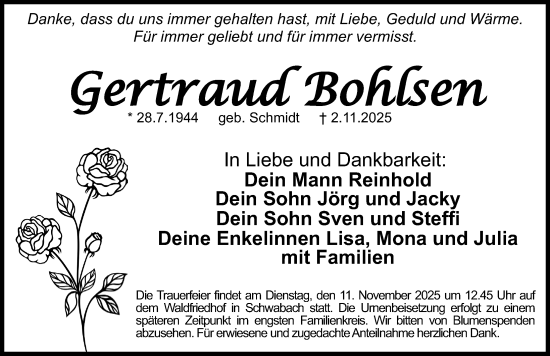 Traueranzeige von Gertraud Bohlsen von Schwabacher Tagblatt Lokal