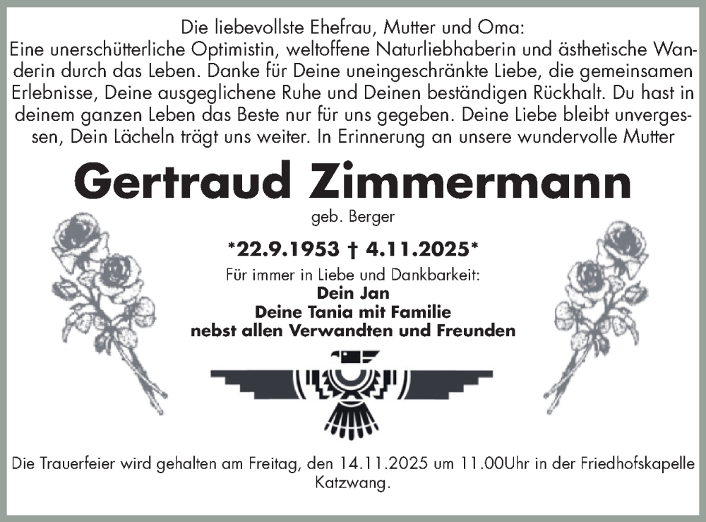  Traueranzeige für Gertraud Zimmermann vom 12.11.2025 aus Gesamtausgabe Nürnberger Nachrichten/ Nürnberger Ztg.