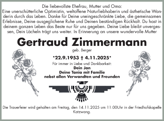 Traueranzeige von Gertraud Zimmermann von Gesamtausgabe Nürnberger Nachrichten/ Nürnberger Ztg.