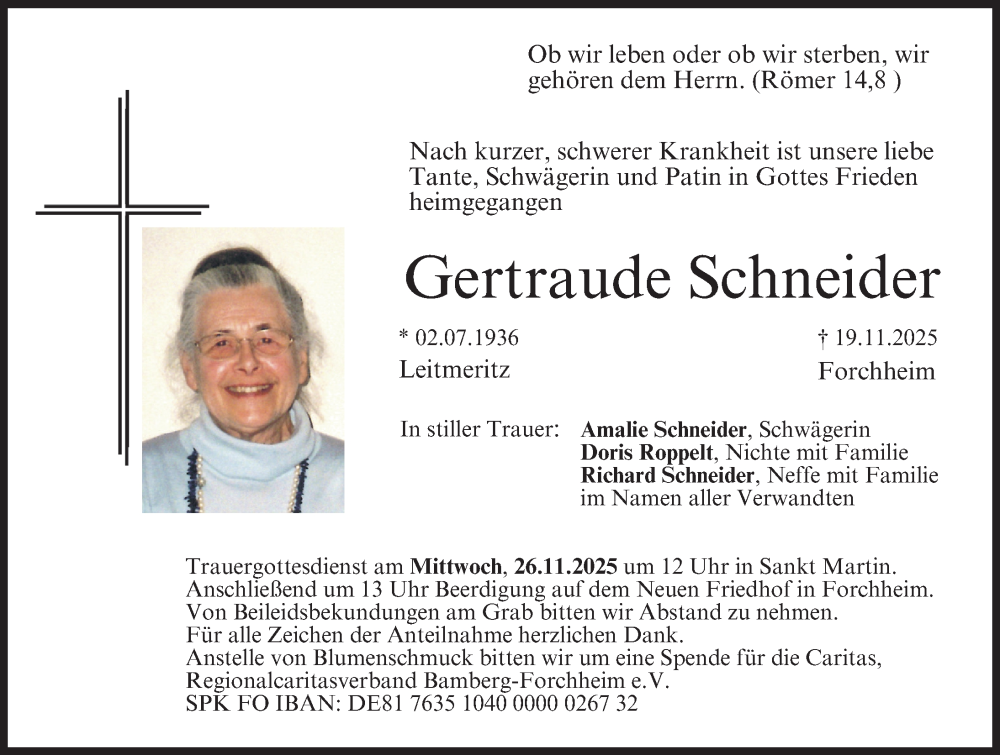  Traueranzeige für Gertraude Schneider vom 22.11.2025 aus Nordbayerische Nachrichten Forchheim Lokal