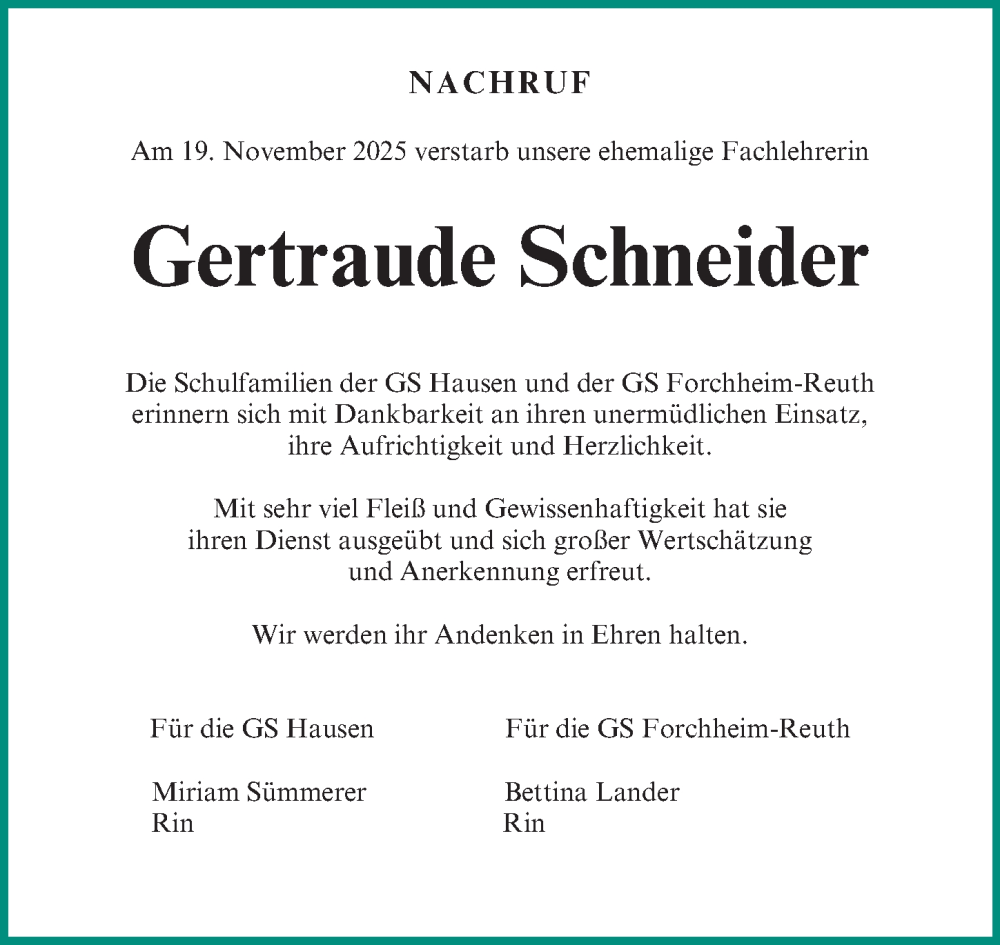  Traueranzeige für Gertraude Schneider vom 26.11.2025 aus Nordbayerische Nachrichten Forchheim Lokal