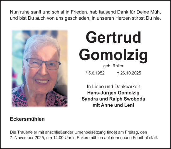 Traueranzeige von Gertrud Gomolzig von Roth-Hilpoltsteiner Volkszeitung Lokal