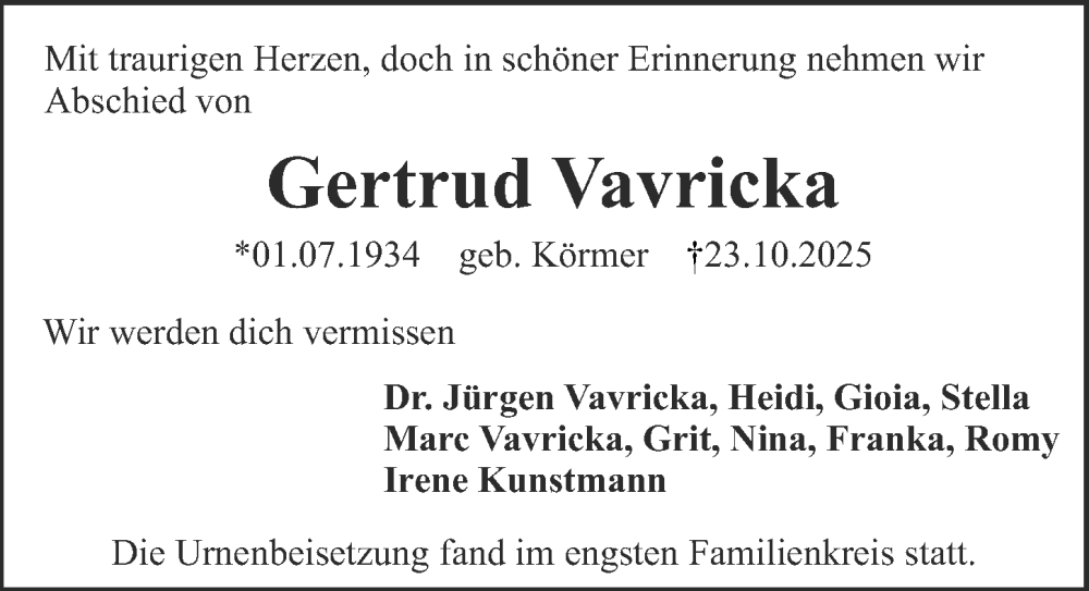  Traueranzeige für Gertrud Vavricka vom 08.11.2025 aus Erlanger Nachrichten Lokal