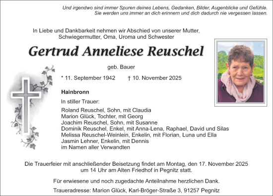 Traueranzeige von Gertrud Anneliese Reuschel von Nordbayerische Nachrichten Pegnitz Lokal