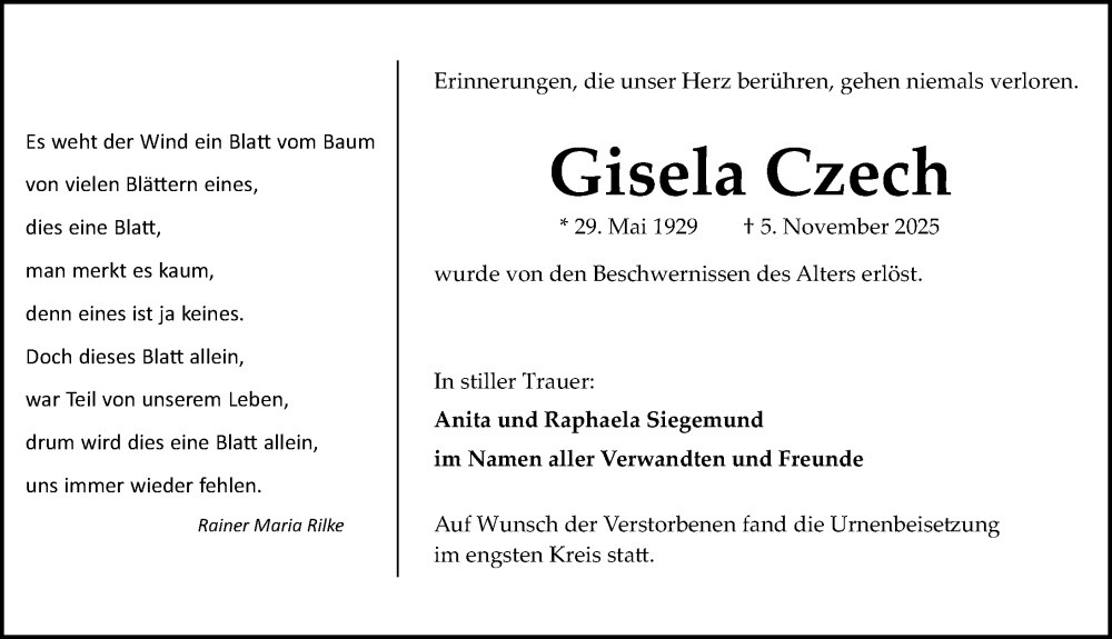 Traueranzeige für Gisela Czech vom 29.11.2025 aus Gesamtausgabe Nürnberger Nachrichten/ Nürnberger Ztg.