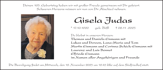 Traueranzeige von Gisela Judas von Gesamtausgabe Nürnberger Nachrichten/ Nürnberger Ztg.