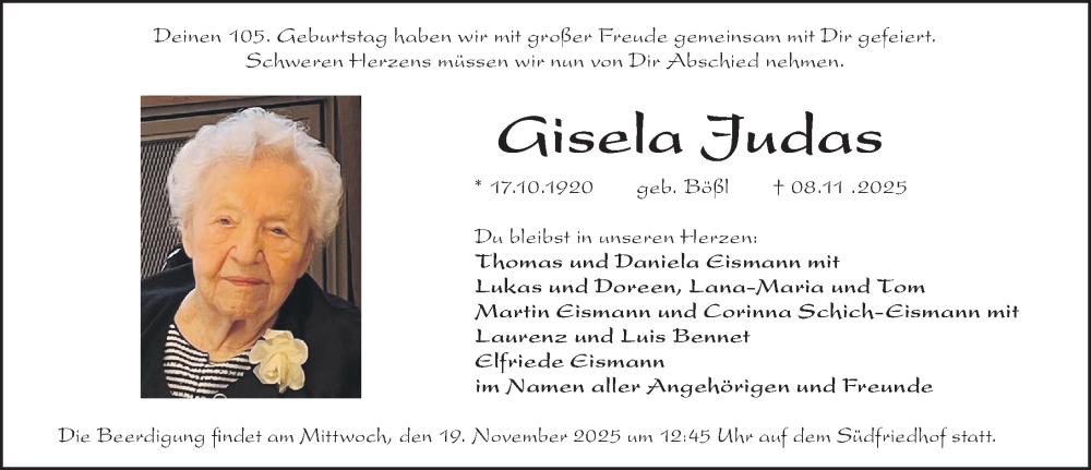  Traueranzeige für Gisela Judas vom 15.11.2025 aus Gesamtausgabe Nürnberger Nachrichten/ Nürnberger Ztg.
