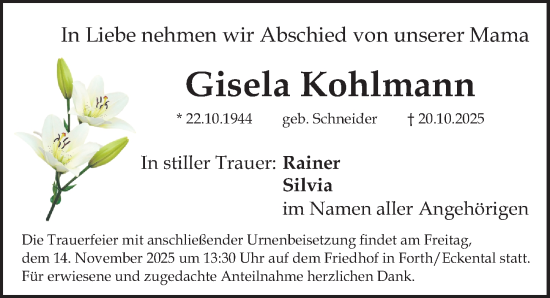 Traueranzeige von Gisela Kohlmann von Gesamtausgabe Nürnberger Nachrichten/ Nürnberger Ztg.