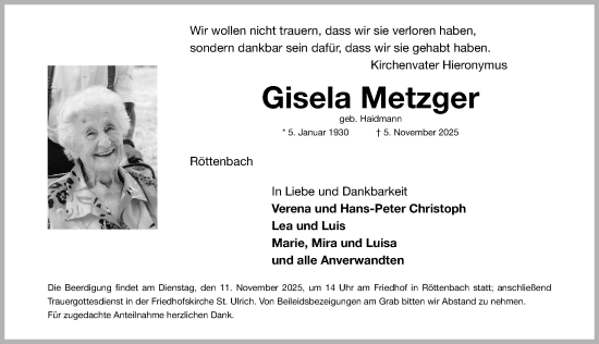Traueranzeige von Gisela Metzger von Roth-Hilpoltsteiner Volkszeitung Lokal