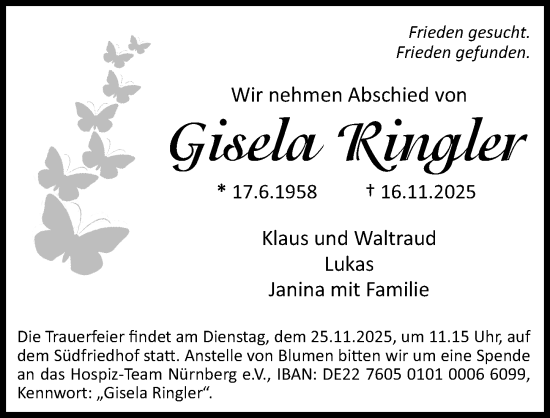 Traueranzeige von Gisela Ringler von Gesamtausgabe Nürnberger Nachrichten/ Nürnberger Ztg.