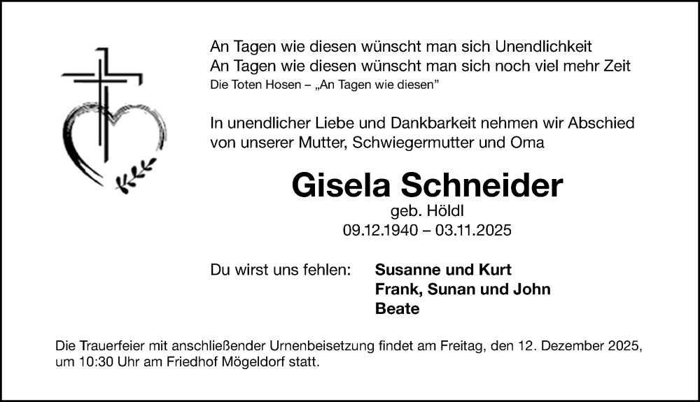  Traueranzeige für Gisela Schneider vom 22.11.2025 aus Gesamtausgabe Nürnberger Nachrichten/ Nürnberger Ztg.