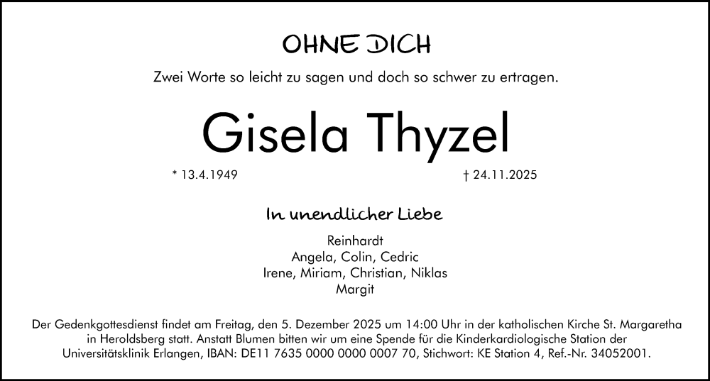  Traueranzeige für Gisela Thyzel vom 29.11.2025 aus Gesamtausgabe Nürnberger Nachrichten/ Nürnberger Ztg.