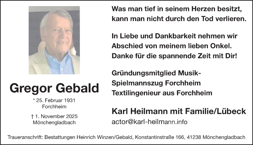  Traueranzeige für Gregor Gebald vom 22.11.2025 aus Nordbayerische Nachrichten Forchheim Lokal