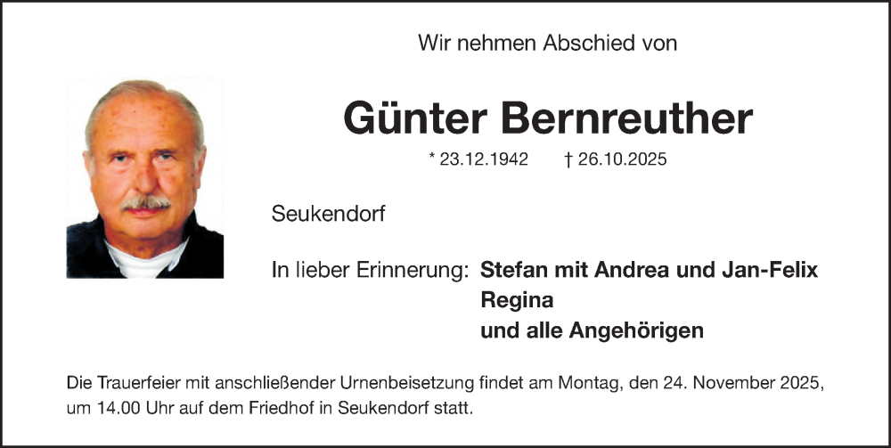  Traueranzeige für Günter Bernreuther vom 19.11.2025 aus Fürther Nachrichten Lokal