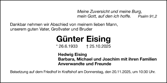 Traueranzeige von Günter Eising von Gesamtausgabe Nürnberger Nachrichten/ Nürnberger Ztg.