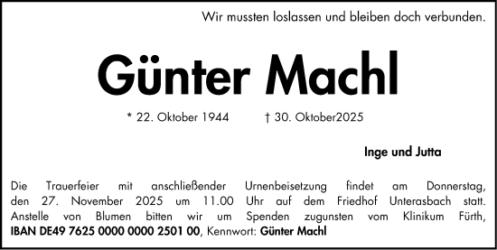 Traueranzeige von Günter Machl von Gesamtausgabe Nürnberger Nachrichten/ Nürnberger Ztg./ Fürther Nachrichten