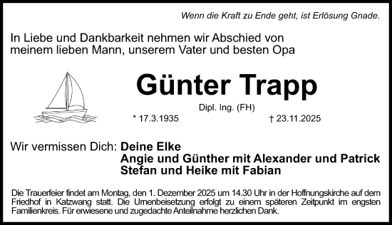 Traueranzeige von Günter Trapp von Gesamtausgabe Nürnberger Nachrichten/ Nürnberger Ztg.