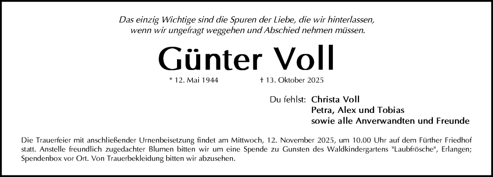 Traueranzeige für Günter Voll vom 08.11.2025 aus Fürther Nachrichten Lokal