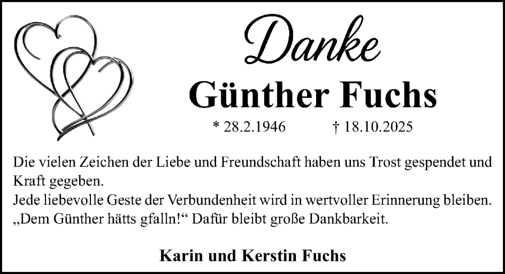  Traueranzeige für Günther Fuchs vom 22.11.2025 aus Fürther Nachrichten Lokal