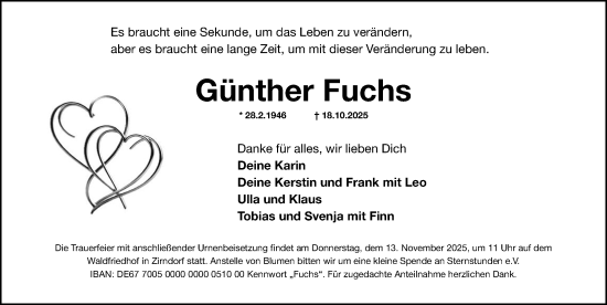 Traueranzeige von Günther Fuchs von Fürther Nachrichten Lokal