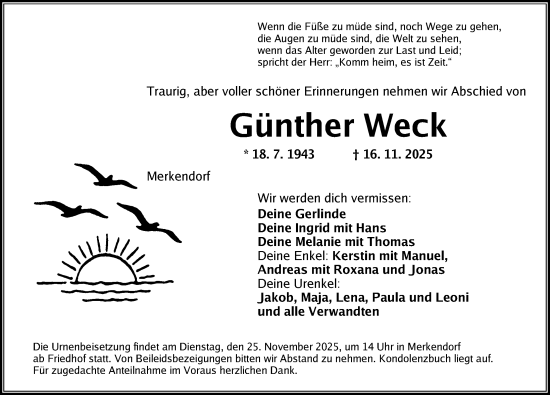 Traueranzeige von Günther Weck von Altmühl-Bote Lokal