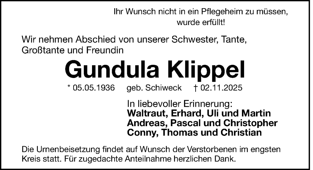  Traueranzeige für Gundula Klippel vom 08.11.2025 aus Gesamtausgabe Nürnberger Nachrichten/ Nürnberger Ztg.