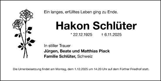 Traueranzeige von Hakon Schlüter von Gesamtausgabe Nürnberger Nachrichten/ Nürnberger Ztg.