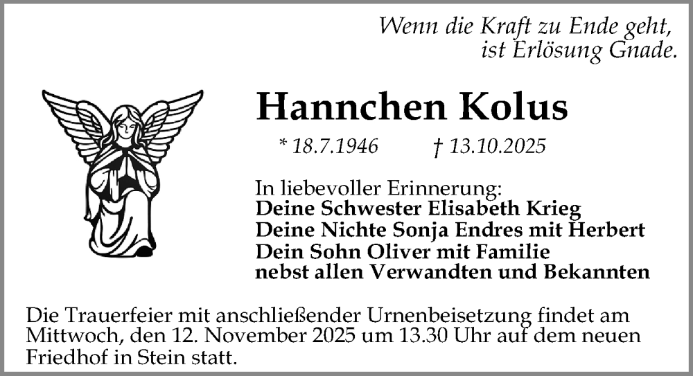  Traueranzeige für Hannchen Kolus vom 08.11.2025 aus Gesamtausgabe Nürnberger Nachrichten/ Nürnberger Ztg.