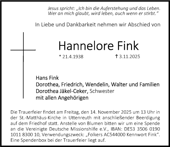 Traueranzeige von Hannelore Fink von Erlanger Nachrichten Lokal