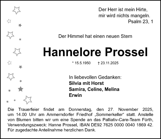 Traueranzeige von Hannelore Prossel von HST,HFN