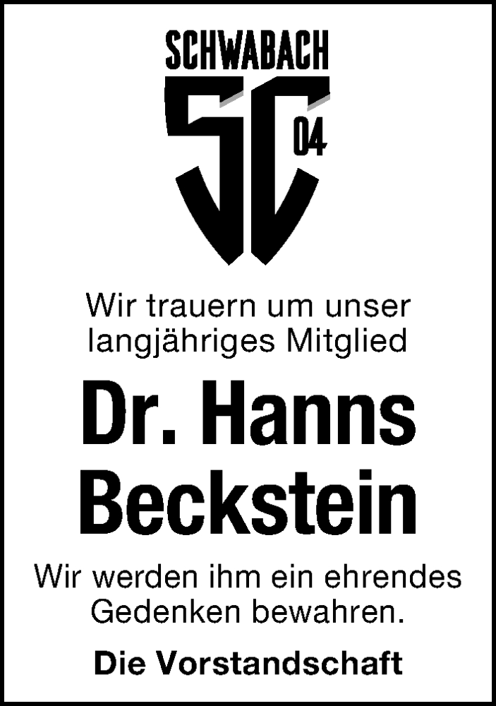  Traueranzeige für Hanns Beckstein vom 22.11.2025 aus Schwabacher Tagblatt Lokal