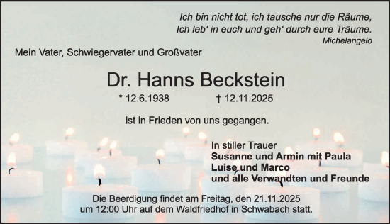 Traueranzeige von Hanns Beckstein von Schwabacher Tagblatt Lokal
