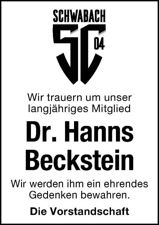Traueranzeige von Hanns Beckstein von Schwabacher Tagblatt Lokal