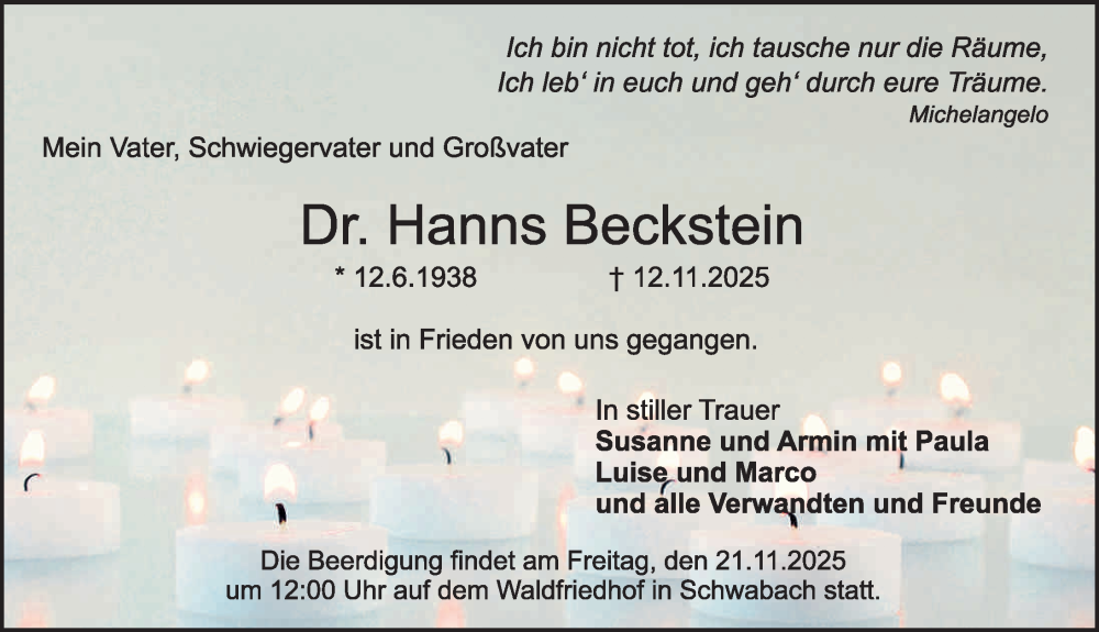  Traueranzeige für Hanns Beckstein vom 18.11.2025 aus Schwabacher Tagblatt Lokal