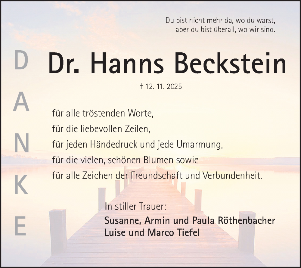  Traueranzeige für Hanns Beckstein vom 29.11.2025 aus Schwabacher Tagblatt Lokal