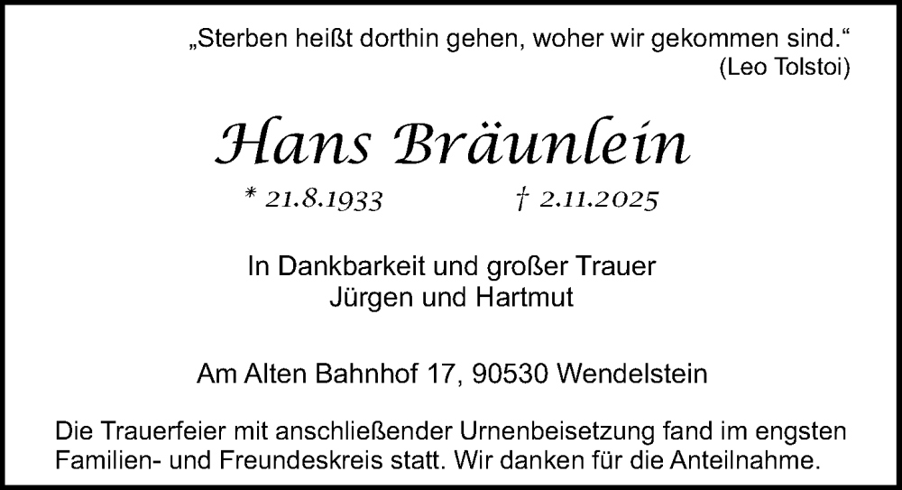  Traueranzeige für Hans Bräunlein vom 29.11.2025 aus Schwabacher Tagblatt Lokal