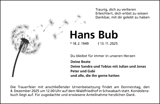 Traueranzeige von Hans Bub von Schwabacher Tagblatt Lokal