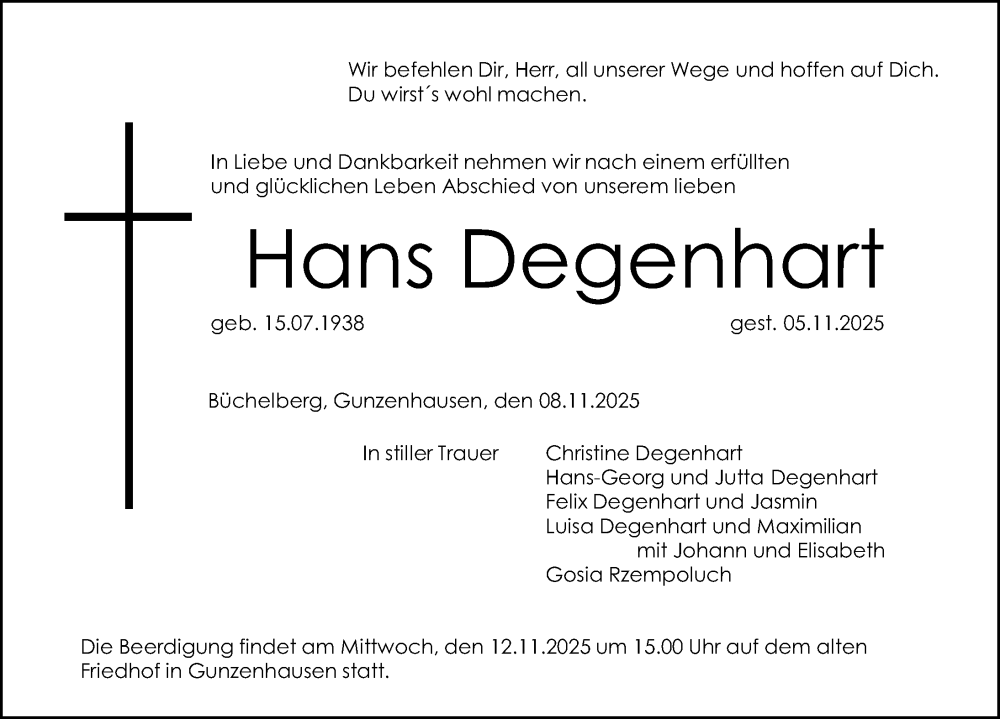  Traueranzeige für Hans Degenhart vom 08.11.2025 aus Altmühl-Bote Lokal