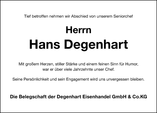 Traueranzeige von Hans Degenhart von Altmühl-Bote Lokal
