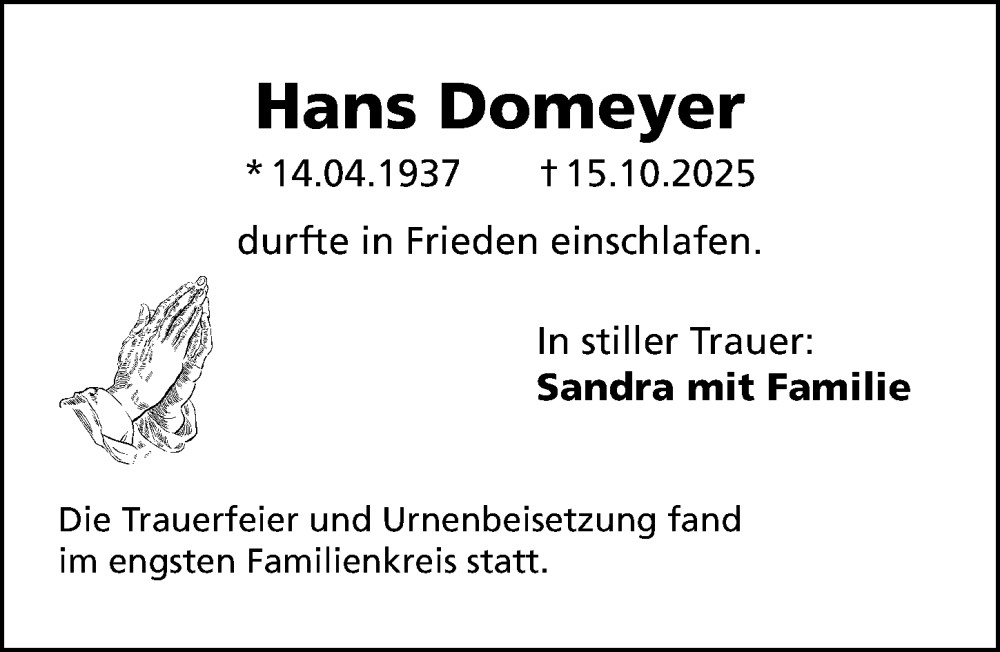  Traueranzeige für Hans Domeyer vom 22.11.2025 aus Gesamtausgabe Nürnberger Nachrichten/ Nürnberger Ztg.