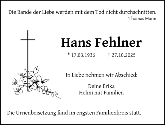 Traueranzeige von Hans Fehlner von Gesamtausgabe Nürnberger Nachrichten/ Nürnberger Ztg.