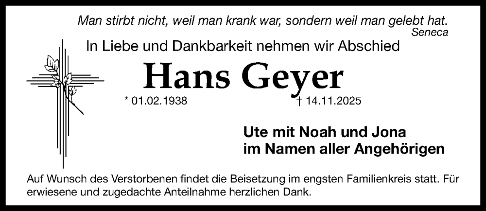  Traueranzeige für Hans Geyer vom 29.11.2025 aus Gesamtausgabe Nürnberger Nachrichten/ Nürnberger Ztg.