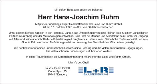 Traueranzeige von Hans-Joachim Ruhm von Gesamtausgabe Nürnberger Nachrichten/ Nürnberger Ztg.