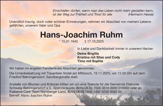 Traueranzeige von Hans-Joachim Ruhm von Gesamtausgabe Nürnberger Nachrichten/ Nürnberger Ztg.