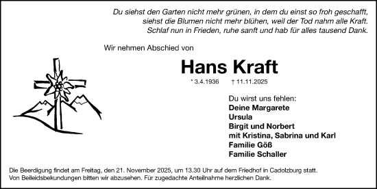 Traueranzeige von Hans Kraft von Fürther Nachrichten Lokal