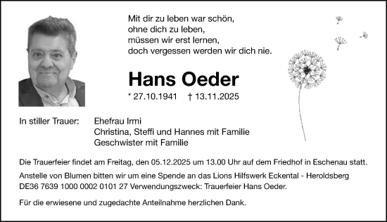 Traueranzeige von Hans Oeder von Gesamtausgabe Nürnberger Nachrichten/ Nürnberger Ztg.