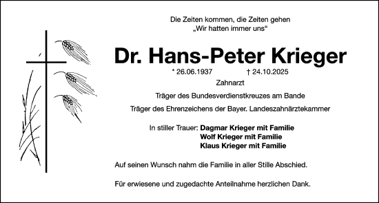 Traueranzeige von Hans-Peter Krieger von Gesamtausgabe Nürnberger Nachrichten/ Nürnberger Ztg.