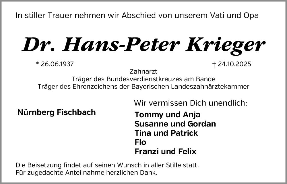  Traueranzeige für Hans-Peter Krieger vom 15.11.2025 aus Gesamtausgabe Nürnberger Nachrichten/ Nürnberger Ztg.