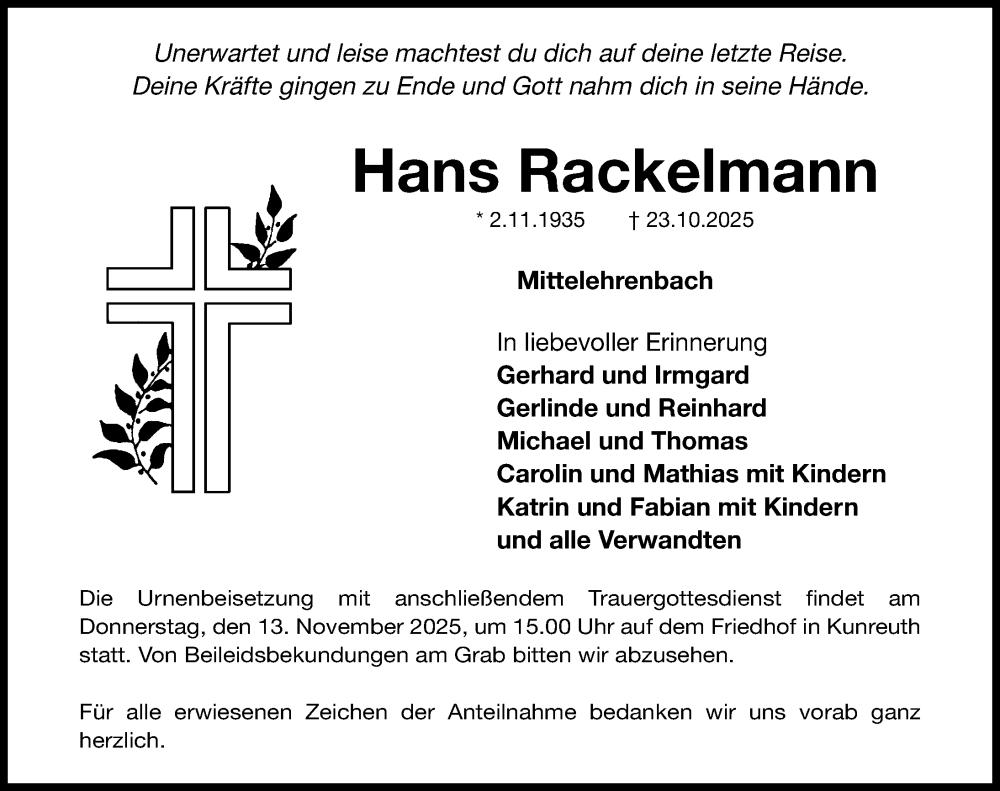  Traueranzeige für Hans Rackelmann vom 08.11.2025 aus Nordbayerische Nachrichten Forchheim Lokal