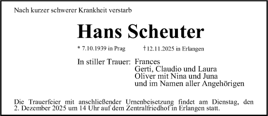 Traueranzeige von Hans Scheuter von Erlanger Nachrichten Lokal